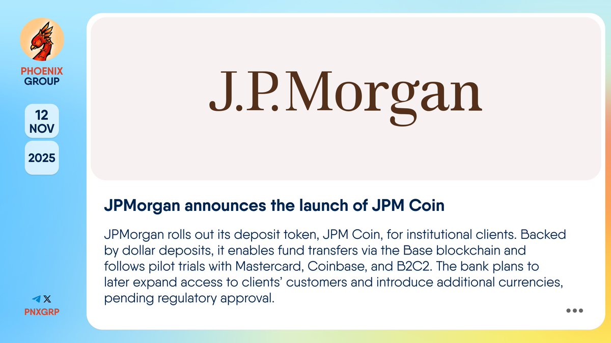 🔥 @JPMorgan announces the launch of JPM Coin ​​#JPMorgan rolls out its  deposit token, #JPMCoin, for institutional clients. Backed by dollar  deposits, it enables fund transfers via the #Base blockchain and follows