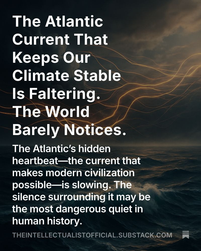The Atlantic Meridional Overturning Circulation—the ocean system that stabilizes Earth’s climate—is weakening as global warming melts Greenland and freshens the seas. Its collapse could flood coasts and trigger mass migration. Civilization hangs in the balance.