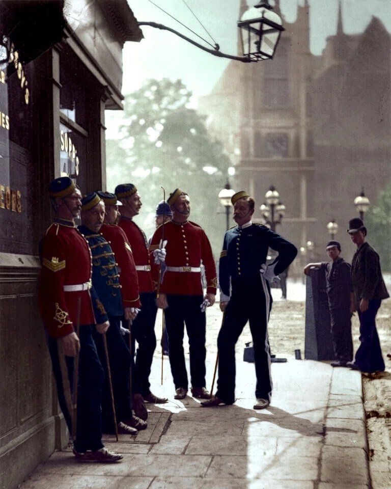 British Army recruiting sergeants outside a public house at Westminster in 1877.