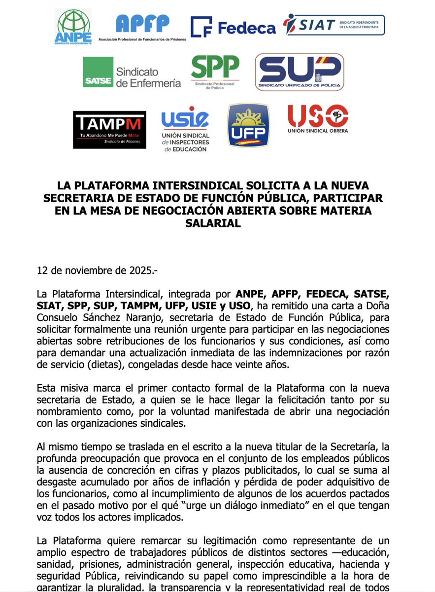 📢 La Plataforma Intersindical — <a href="/anpenacional/">ANPE</a>, <a href="/APFP_ES/">@apfp_es</a> , FEDECA, <a href="/Sindicato_SATSE/">SATSE</a> , <a href="/SiatSindicato/">Siat Sindicato</a> , <a href="/SPPnacional/">Sindicato SPP</a> , <a href="/Sup_Policia/">SUP</a> , <a href="/tu_abandono/">TAMPM - Tu abandono me puede MATAR</a> , <a href="/ufpol/">UFP</a> , <a href="/USIE_inspeccion/">USIE</a>  y <a href="/SindicatoUSO/">Confederación USO</a>  ha solicitado una reunión urgente con la nueva secretaria de Estado de Función Pública.