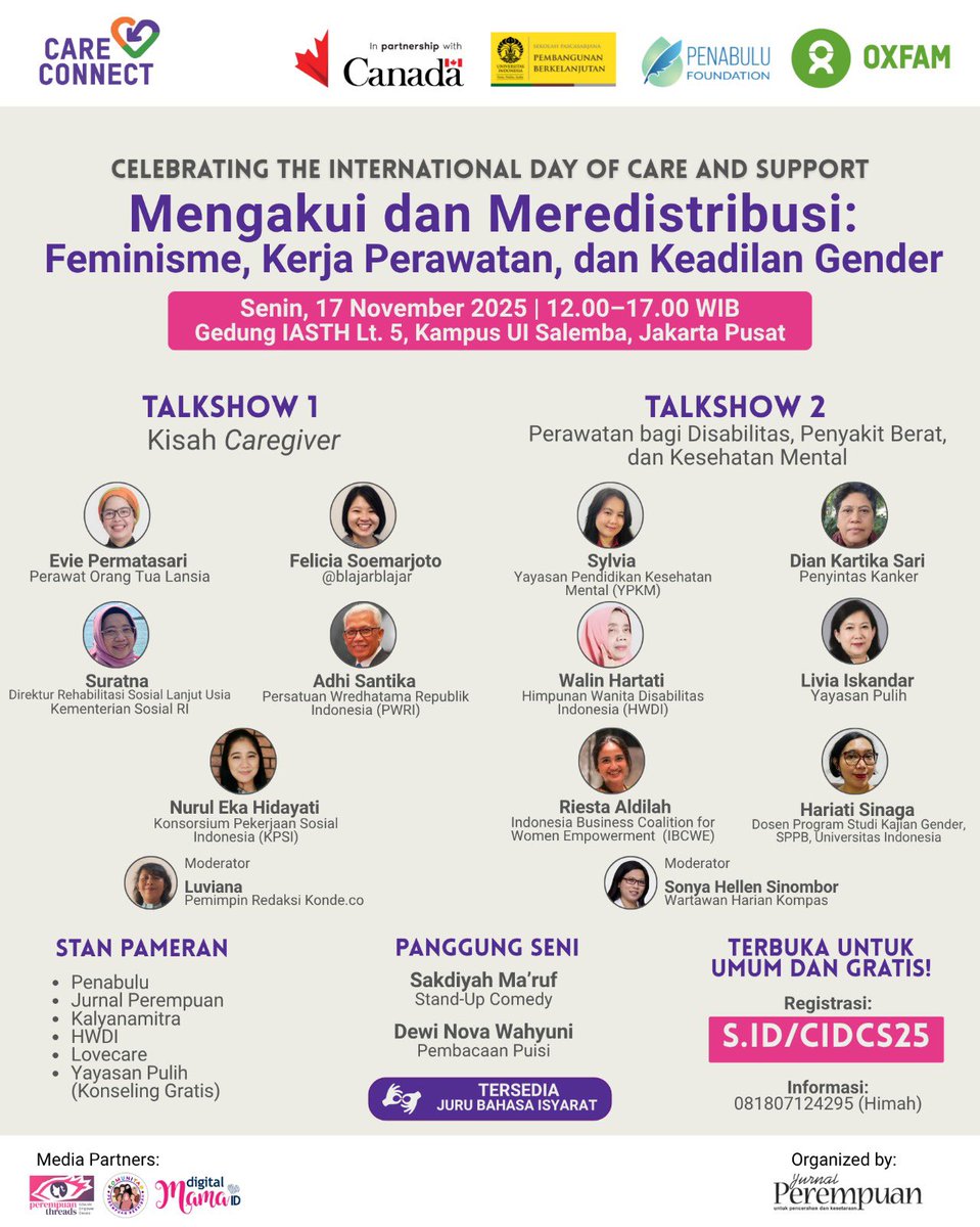 Feminisme, Kerja Perawatan, dan Keadilan Gender”.

Acara akan berlangsung pada,
��: Senin, 17 November 2025
⏰: 12.00—17.00 WIB
��: Gedung IASTH Lt. 5, Kampus UI Salemba, Jakarta Pusat

Daftarkan dirimu melalui tautan: s.id/CIDCS25