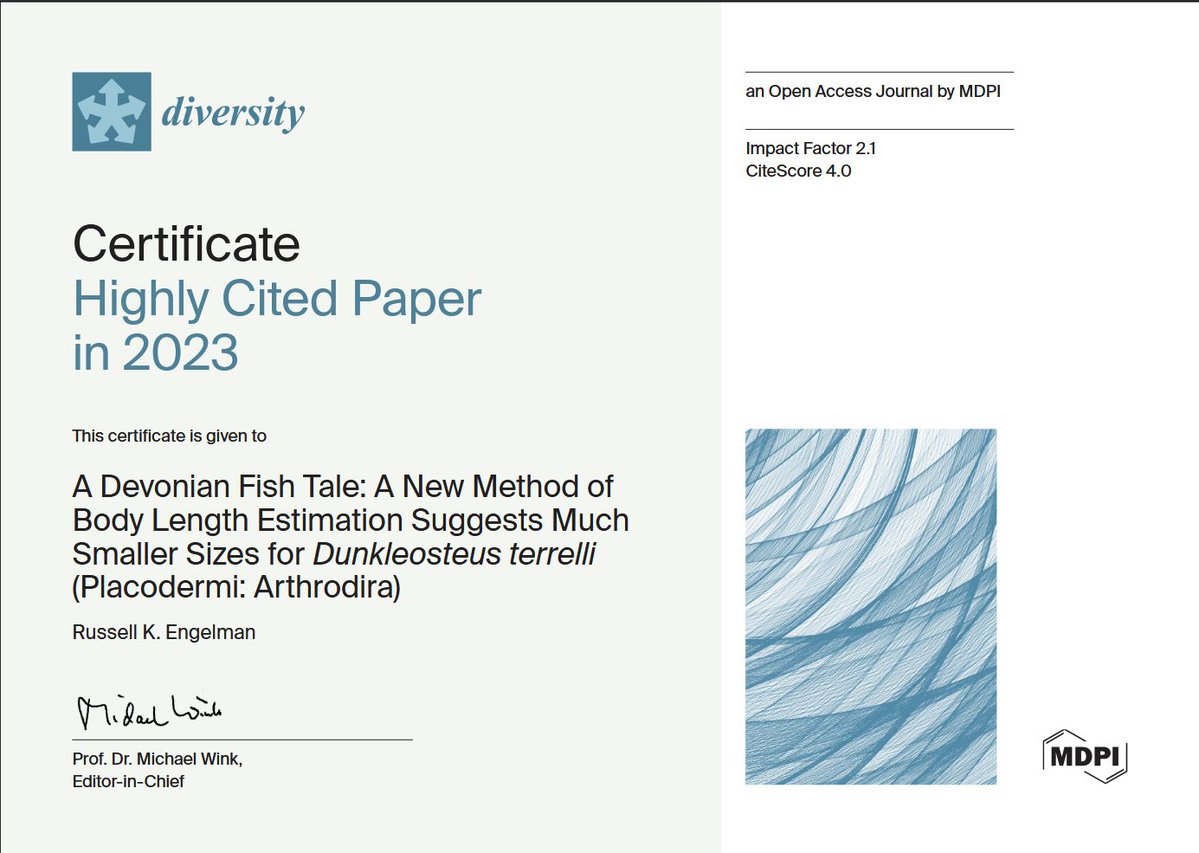 DiversityMDPI's tweet image. 📖 Diversity Highly Cited Paper:

🐠 A Devonian Fish Tale: A New Method of Body Length Estimation Suggests Much Smaller Sizes for Dunkleosteus terrelli (Placodermi: Arthrodira)

👥 Russell K. Engelman
🔗 brnw.ch/21wXpYy

#Ichthyology #Devonian #Diversity