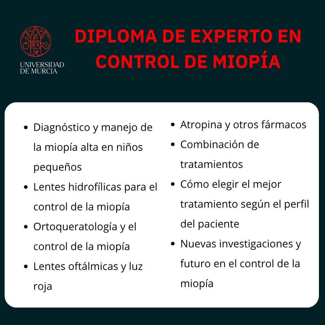 Diploma_miopia's tweet image. 📌 También aprenderás:
✔ Diagnóstico en niños
✔ Orto-K y lentes especiales
✔ Atropina y otros fármacos
✔ Nuevas investigaciones

#ControlMiopía #Optometría #FormaciónUMU
