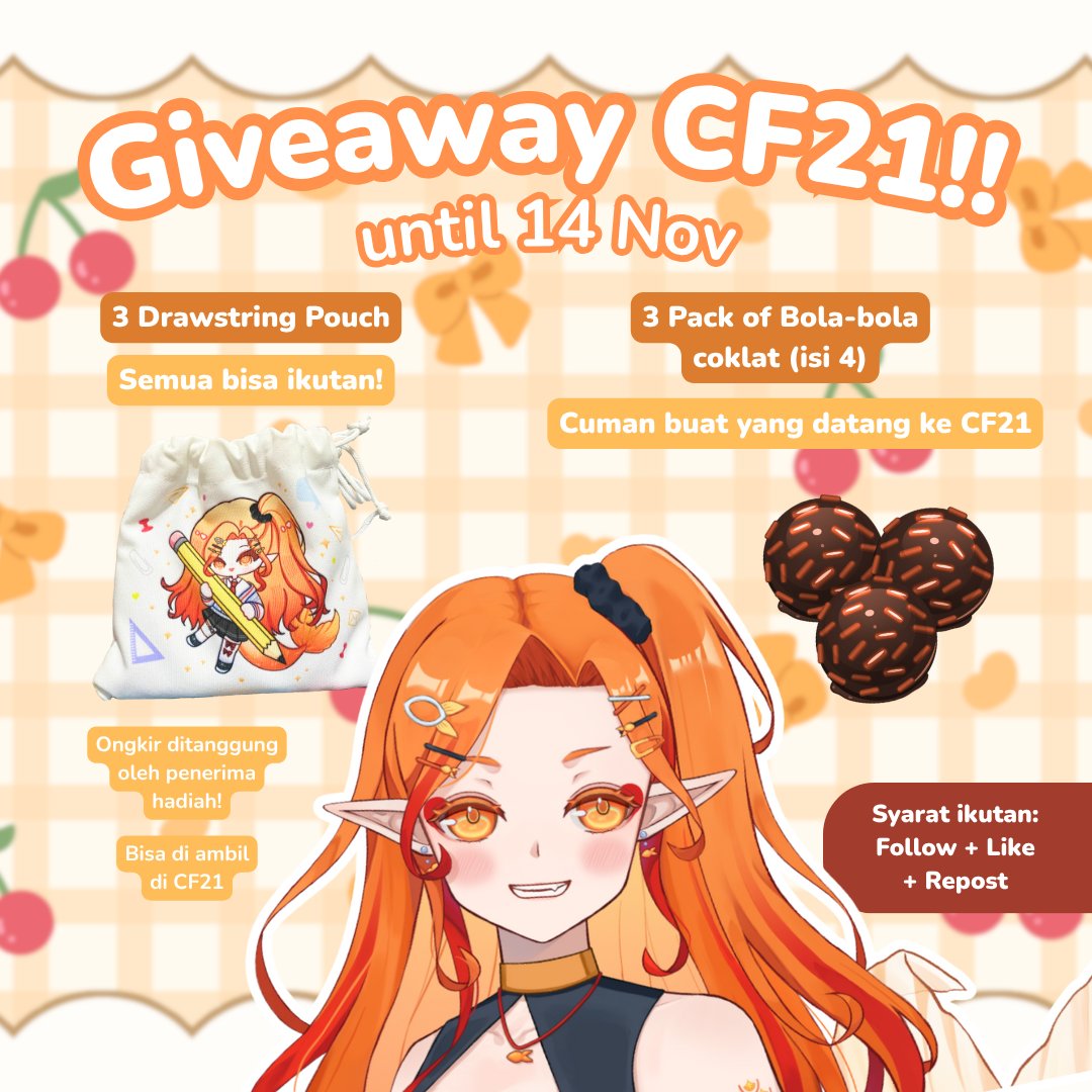 PO CF21 &amp; GIVEAWAY YG SUPER DADAKAN >ᴗ<

Hawoo gusy!! Allen ngide buat bikin PO bola-bola cokelat buat di #CF21 niechh~
Yang mau order boleh ke link di bawah ini ya ⏬
forms.gle/8Mhw3RZ26mCkHh…

Trus kalau mau ikut giveaway juga caranya gampang!
Tinggal follow + like + repost 🧡