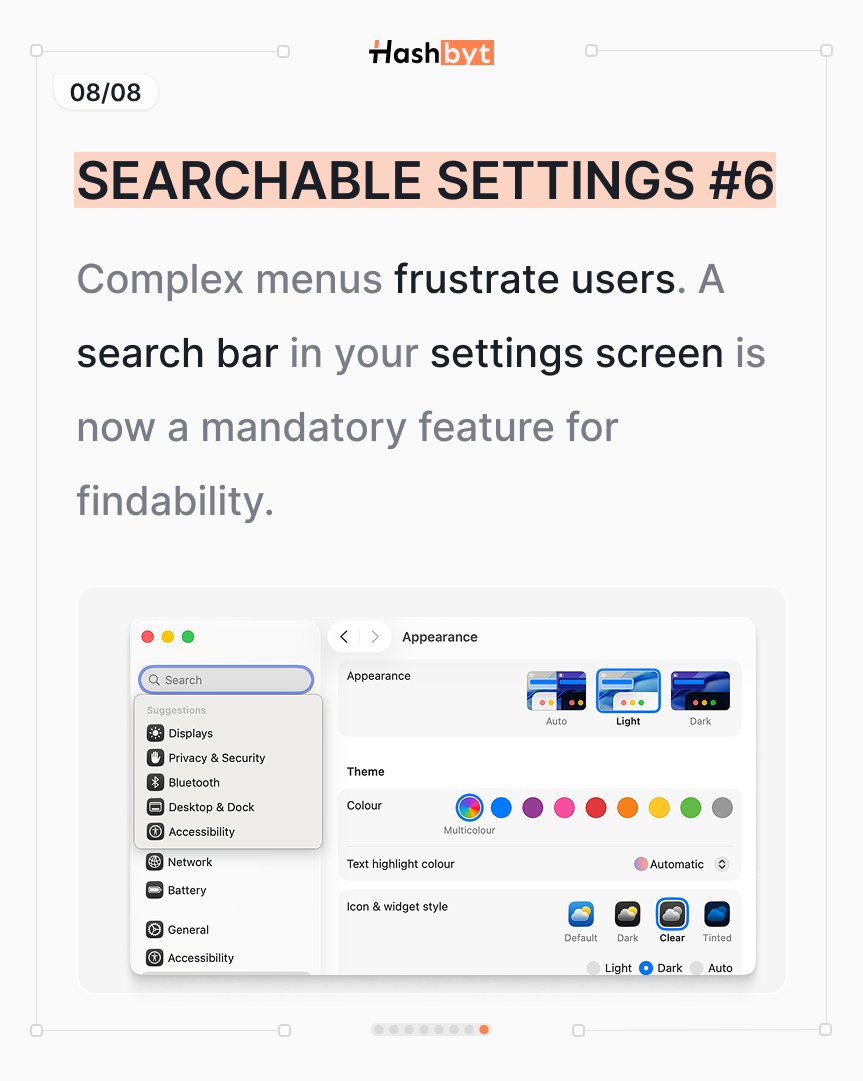 hashbyt's tweet image. SEARCHABLE SETTINGS
Complex menus frustrate users.
A search bar in your settings is now mandatory.
Respect your users&apos; time.

#UX #DesignThinking #UserCentricDesign #ProductManagement #Usability