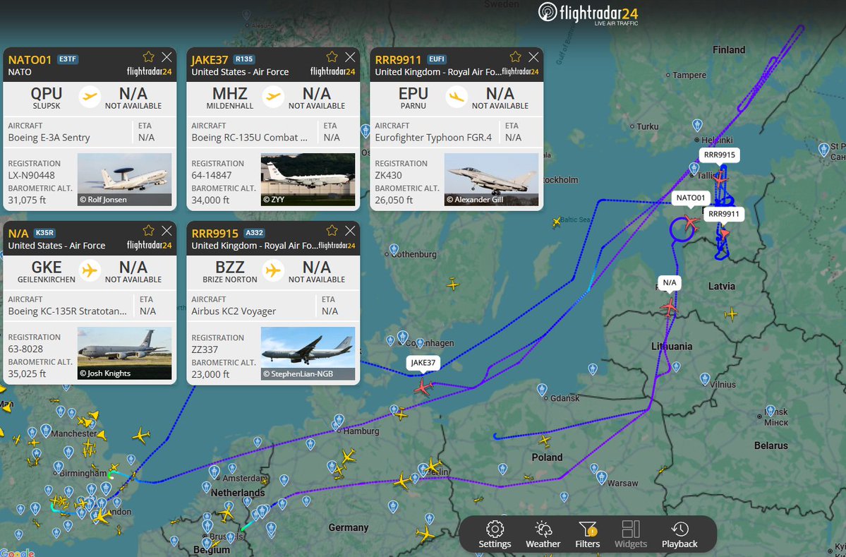 UKikaski's tweet image. There is also a lot of activity around Russia&apos;s Baltic and Finish borders with a USAF B-52H, a NATO AWACS, RAF Typhoon FGR.4 CAP, USAF RC-135U Combat Sent, and USAF KC-135 tanker.

#OSINT