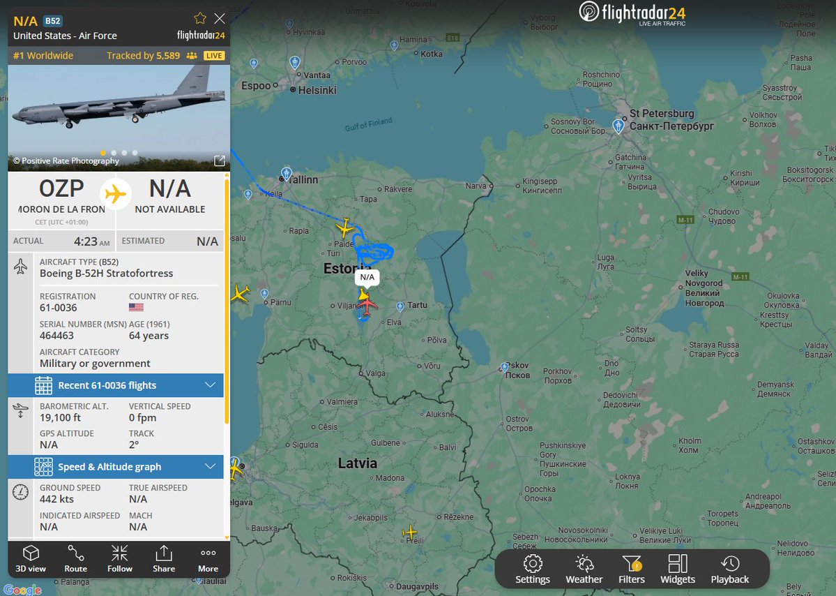 UKikaski's tweet image. There is also a lot of activity around Russia&apos;s Baltic and Finish borders with a USAF B-52H, a NATO AWACS, RAF Typhoon FGR.4 CAP, USAF RC-135U Combat Sent, and USAF KC-135 tanker.

#OSINT