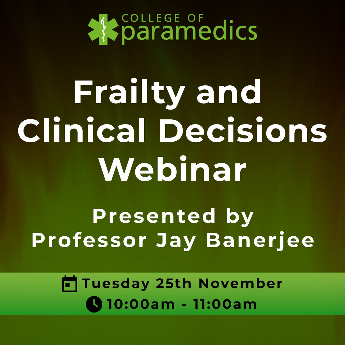 🚑 Frailty and Clinical Decisions Webinar

Join us as Professor Jay Banerjee explores the complex and crucial decisions paramedics face every day when caring for patients living with frailty.

Find out more and sign up here ➡️ bit.ly/4nYqWhO