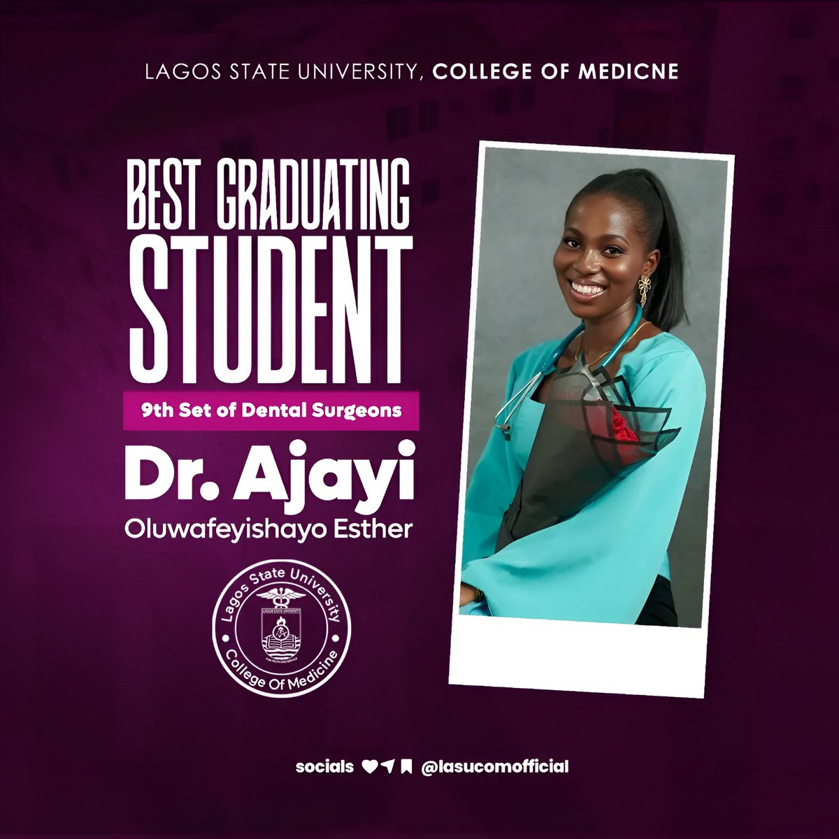 Presenting the Overall Best Graduating Students of the Lagos State University College of Medicine! 🎓

Dr. Bakare Saidat Olamide — 19th Set (Medical Doctors)
Dr. Ajayi Oluwafeyishayo Esther — 9th Set (Dental Surgeons)

Women leading with excellence!👏🏼❤️

📸: <a href="/lasucomofficial/">LASUCOM (LASU, College of Medicine)</a>