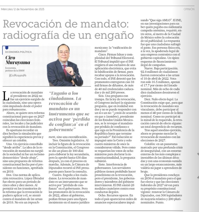 La revocación de mandato no fue un ejercicio ciudadano, sino una manipulación desde el poder.

Va reconstrucción del engaño: 10 hechos que hablan por sí mismos.

Ahora quieren mezclar revocación y elecciones en 2027.

Va mi texto de hoy en <a href="/ElFinanciero_Mx/">El Financiero</a>
elfinanciero.com.mx/opinion/ciro-m…