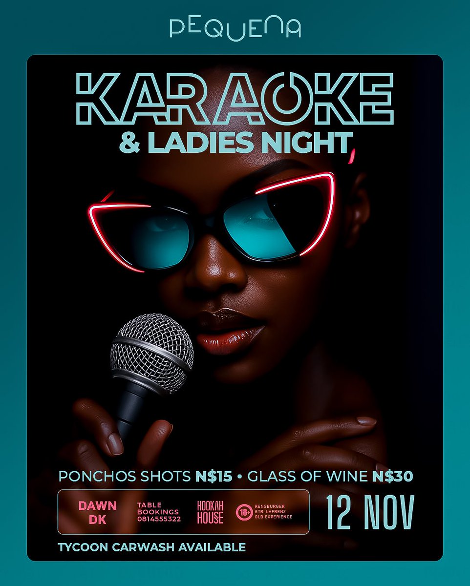 🎤💋 LADIES, IT’S YOUR NIGHT!
The mic’s hot, the shots are cold &amp; the vibes are on fire 🔥
💃 KARAOKE &amp; LADIES NIGHT at PEQUENA!
🍷 Wine for N$30 
Ponchos shots N$15 
Hookah House 💨
Tycoon Carwash 🚗💨
Beats by DAWN &amp; DK 🎧

Let’s turn the night all the way up! 💄✨
#KaraokeVibe