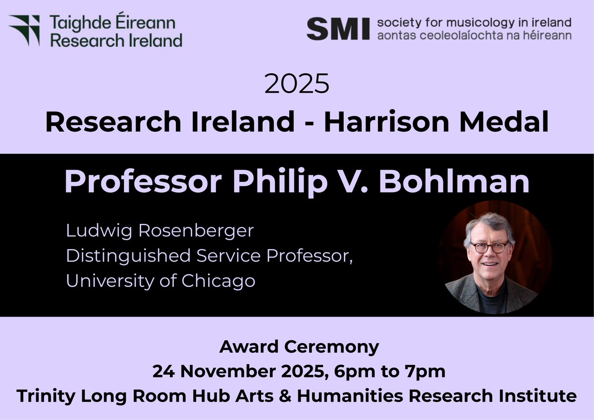 TLRHub's tweet image. Join us on 24 Nov (6pm) as Philip V. Bohlman is awarded the Research Ireland – Harrison Medal.🏅

Following the award, Bohlman will deliver the 2025 Harrison Lecture, “On Goodness.”

🔗 Register here: tcd.ie/trinitylongroo…

#HarrisonMedal #Musicology #HubMatters