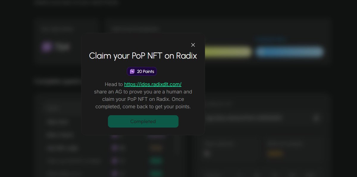 synerdd's tweet image. Just completed the quest from idos. 
@idOS_network is now live on @radixdlt  — mint your PoP NFT and explore what real on-chain identity feels like. one wallet, one verified human.

app.idos.network/?ref=A4503030