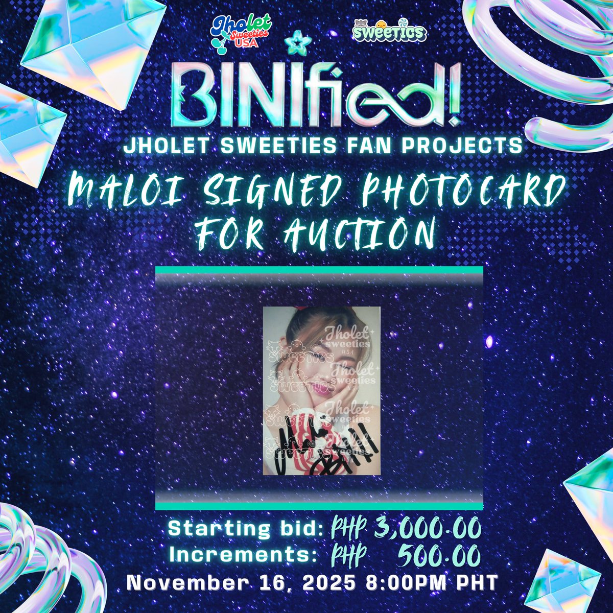 JHOLET_USA's tweet photo. Hi Luckies, Sweeties, and Blooms! Bini Maloi Signed Photocard is open for bidding!

Starting Bid: ₱3,000
Increment: ₱500

Reply with your username until November 16, 2025 7pm  to be added to the GDM.

#JholetSweetiesUSA #SweeTICs #BINI_Jholet #Jholetified
@JLSweetiesUSA
@jl_sweeTICs