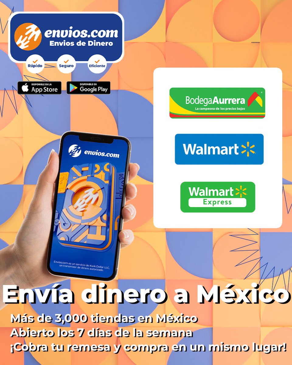 ¡Envía dinero sin salir de casa a #México! Tus familiares pueden cobrar en #Walmart y #BodegaAurrera

¡Descarga la App de Envios.com!
👉 envios.com/open

#REMESAS #enviodedinero #enviadinero #enviosdedinero #remesasfamiliares