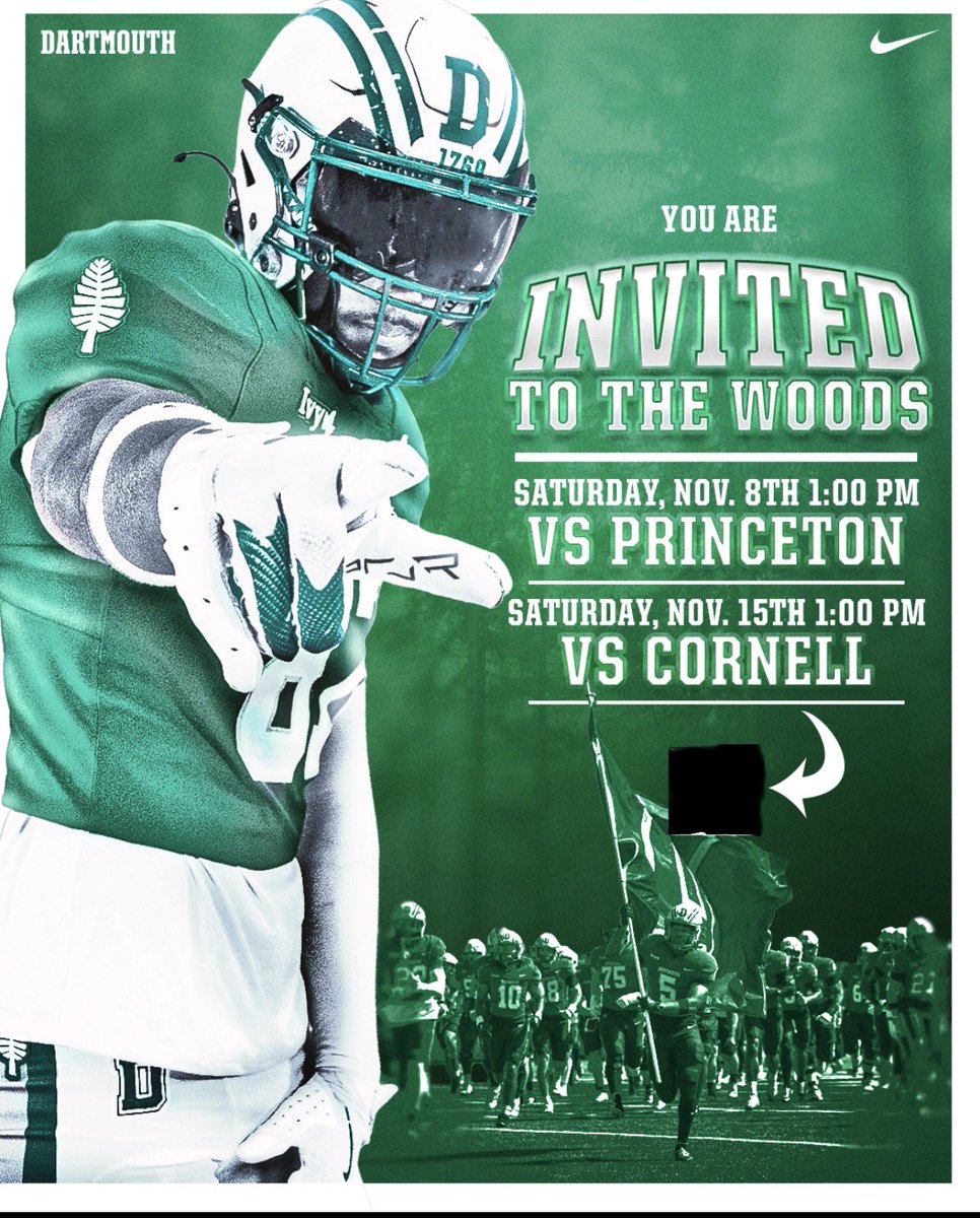 Extremely excited to be invited by Dartmouth to watch them take on Cornell this weekend by <a href="/Coach_BChapman/">Braxton Chapman</a> and <a href="/coachirishodea/">Danny O'Dea</a>. Go Big Green! 

<a href="/Coach_McCorkle/">Sammy McCorkle</a> <a href="/Oakley_Watkins/">Oakley Watkins</a> <a href="/LSLELITE/">✝️ Logan “LSL” Rager</a> <a href="/pops51/">Brett Setzer</a> <a href="/CoachDCharles/">Doug Charles</a> <a href="/colebrittt/">Cole Britt</a> <a href="/Max__Duffy/">Max Duffy</a> <a href="/trey_hood21/">Trey Hood</a> <a href="/LagangaDavid/">David LaGanga ⭐️⭐️⭐️⭐️</a>