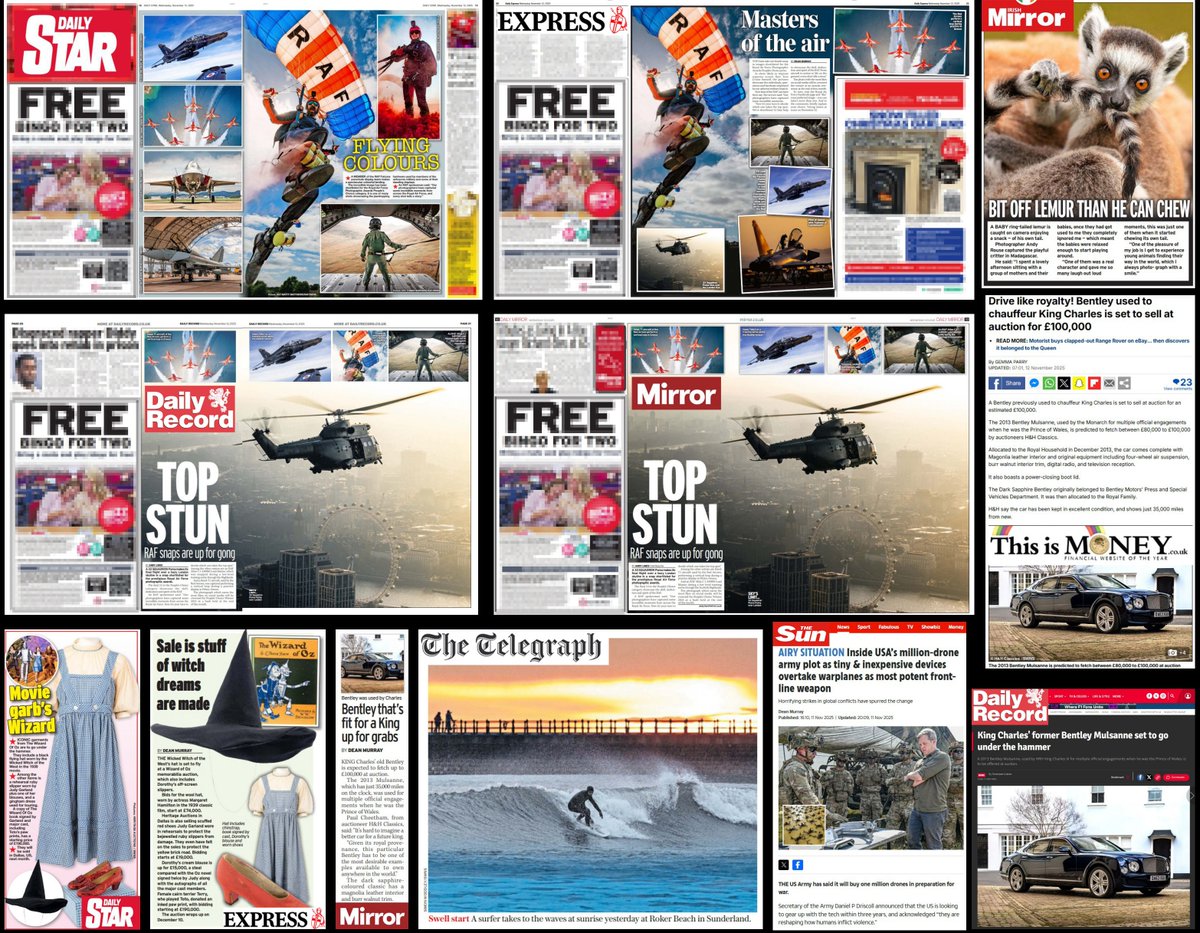 Celebrating good day at office: all 6 stories I sent out made publications 🎉

RAF photo award

U.S. Army to buy 1M drones

Lemur from longtime wildlife contact Andy Rouse

King Charles’ old Bentley for auction

Wicked Witch hat could fetch $3M

Simon Woodley’s Sunderland surfer