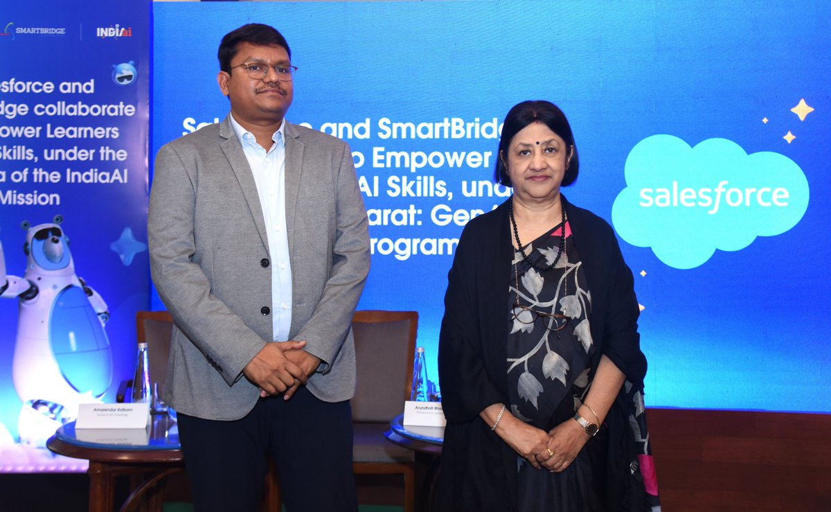 thesmartbridge's tweet image. 🚀 A new era for India’s #AI skilling future begins!

Introducing Yuva AI Bharat: GenAI Skill Catalyst - Powered by #SmartBridge, Salesforce &amp;amp; IndiaAI (under MeitY), aims to skill 100,000 learners in AI via Salesforce Trailhead by 2026.

Join the movement: myskillwallet.ai/yuva-ai-bharat…