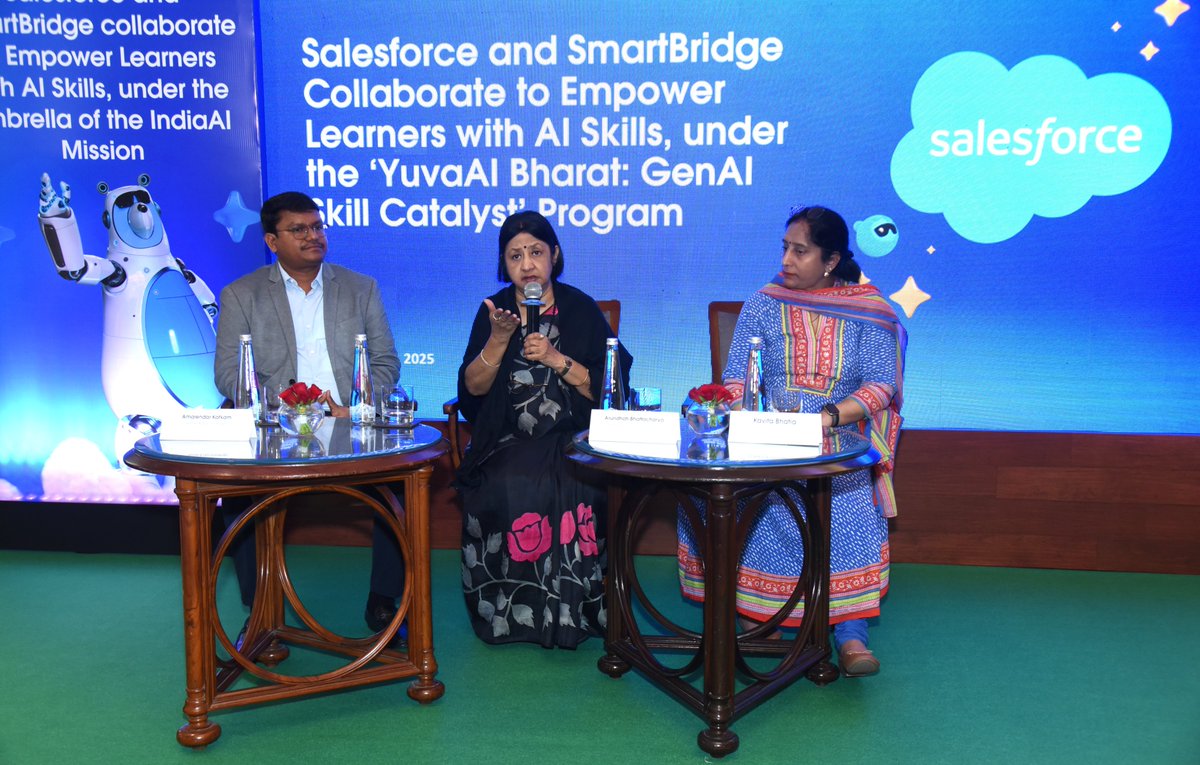 thesmartbridge's tweet image. 🚀 A new era for India’s #AI skilling future begins!

Introducing Yuva AI Bharat: GenAI Skill Catalyst - Powered by #SmartBridge, Salesforce &amp;amp; IndiaAI (under MeitY), aims to skill 100,000 learners in AI via Salesforce Trailhead by 2026.

Join the movement: myskillwallet.ai/yuva-ai-bharat…