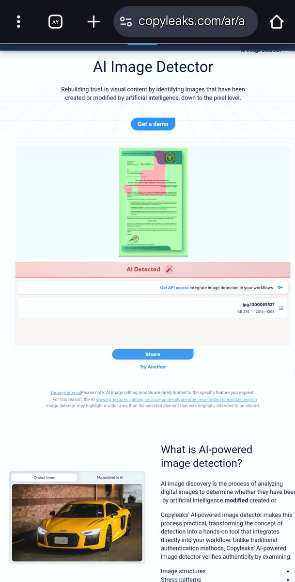 Kamelkadah99's tweet image. ⚠️📢⚠️📢⚠️📢⚠️📢⚠️📢⚠️📢⚠️📢
I tried to verify the image on four different websites. Three of them confirmed its authenticity, while one suggested AI manipulation. There might be some tampering, but as is clear, three websites agree that it's not designed with artificial…