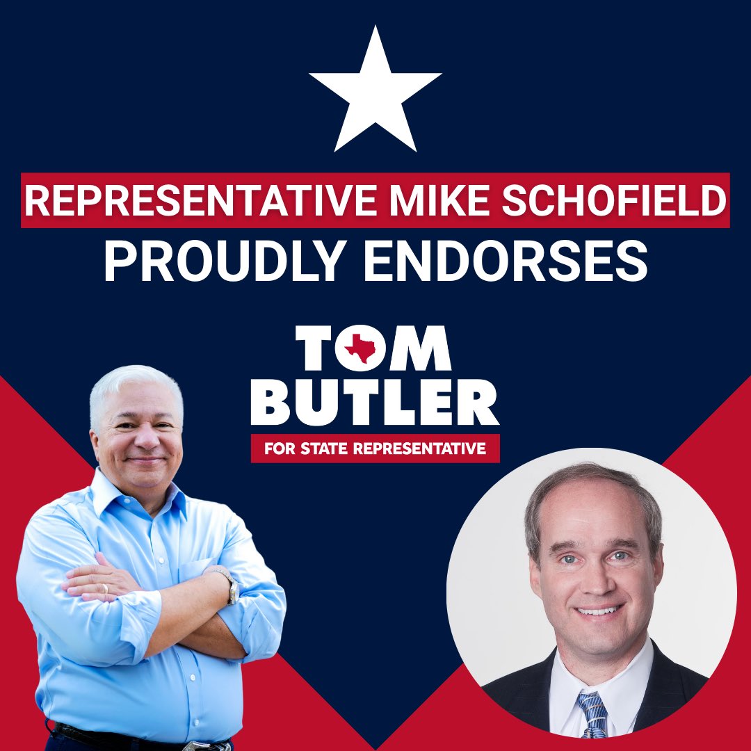 TomButlerTX's tweet image. I’m honored to have the endorsement of Rep. Mike Schofield and look forward to working with my dear friend and ally to uphold conservative principles and deliver real results for Texas families. #txlege