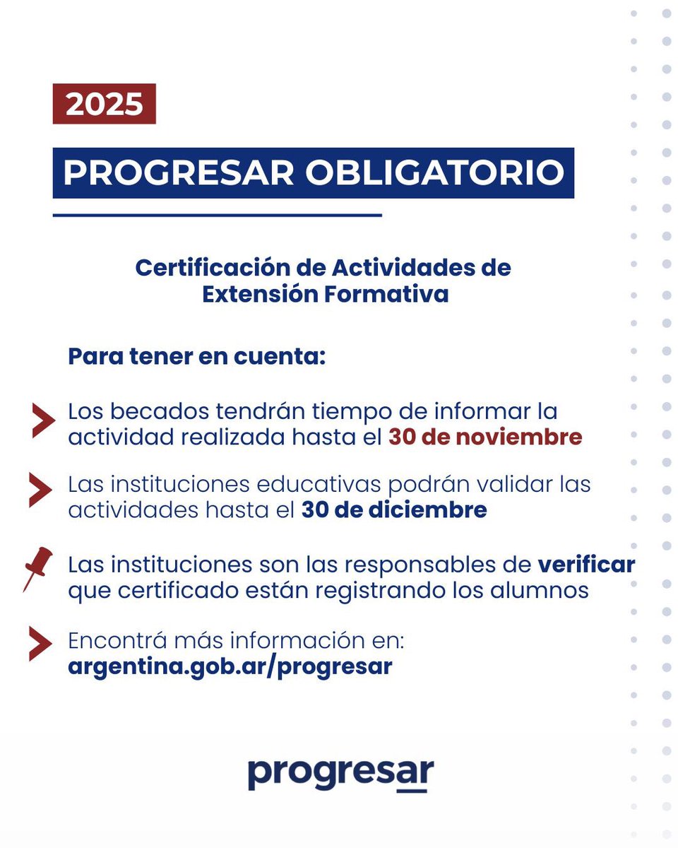 📚 Certificación de Actividades de Extensión Formativa de la Beca Progresar Obligatorio

📓 Las actividades podrán ser propuestas existentes o generadas en el ámbito escolar, municipal, jurisdiccional o nacional. 
<a href="/MEducacionSalta/">Ministerio de Educación de Salta</a> <a href="/CristinaFioreV/">CristinaFioreV</a> <a href="/AleWilliamsB/">Ale Williams Becker</a>