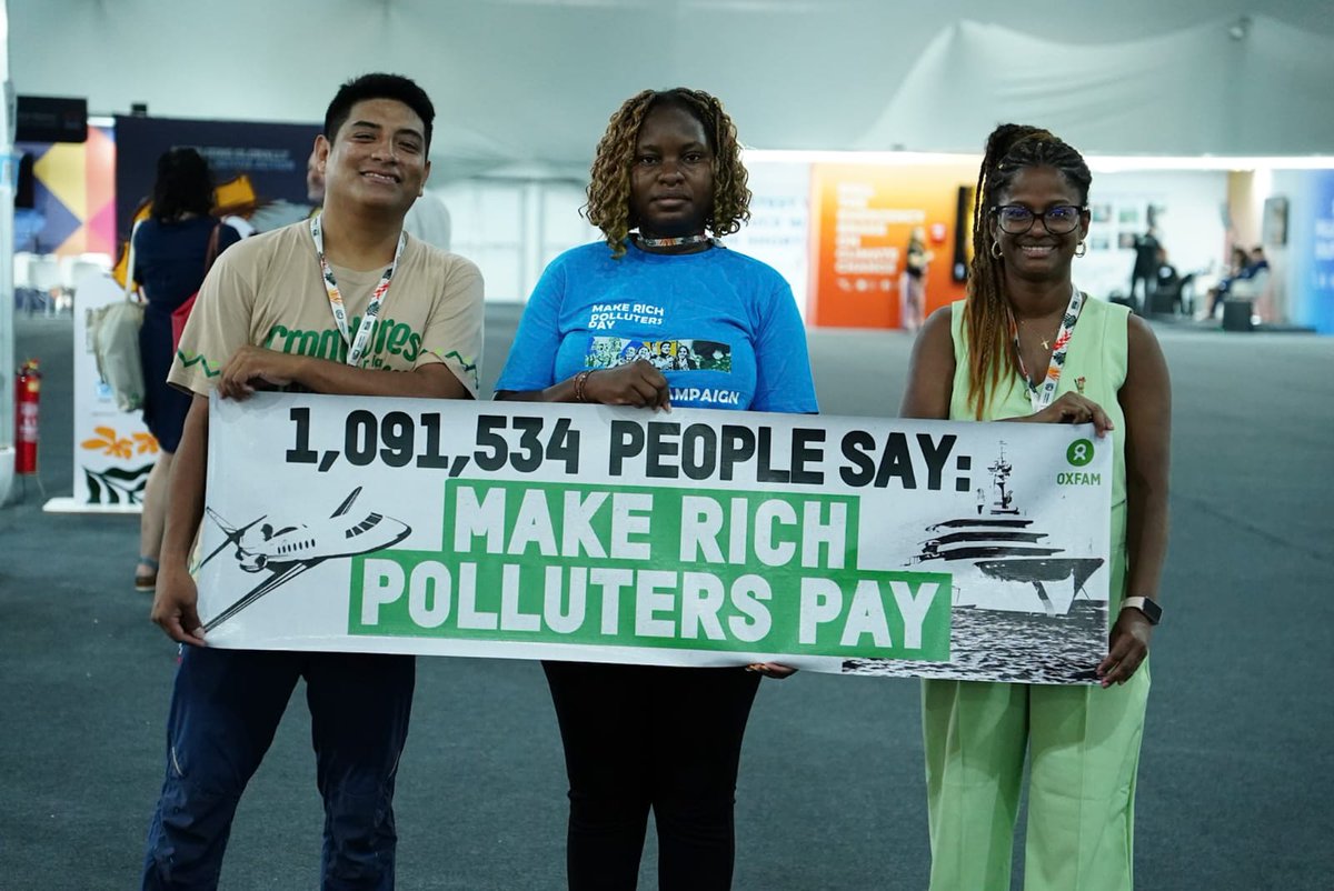 Oxfam's tweet photo. Over 1 Million people around the world are calling governments to make rich polluters pay.

Today, at #COP30 in Belem, our global petition was officially handed over to Brazil’s Minister of Environment and Climate Change, @MarinaSilva by @OxfamBrasil Executive Director, @visantiago  and Make Rich Polluters Pay Activists; @HildaNakabuye , @pavelmartiarena , Erica Monteiro and Grace Malie.

A fairer, more sustainable future is possible but only if the biggest polluters, who’ve fueled this crisis while growing richer, finally pay for the damage they’ve caused and support the communities on the frontlines to survive, rebuild, and thrive

#MakeRichPollutersPay