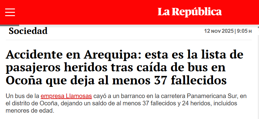 juank23_7's tweet image. PERÚ: Hoy 12/11/2025 ha ocurrido la mayor tragedia histórica, en los últimos 9 años, en nuestras carreteras.

Esta madrugada en el distrito de Ocoña de la provincia de Camaná del dpto. de Arequipa tras la caída de un bus a un abismo, hasta el momento se han reportado 37…