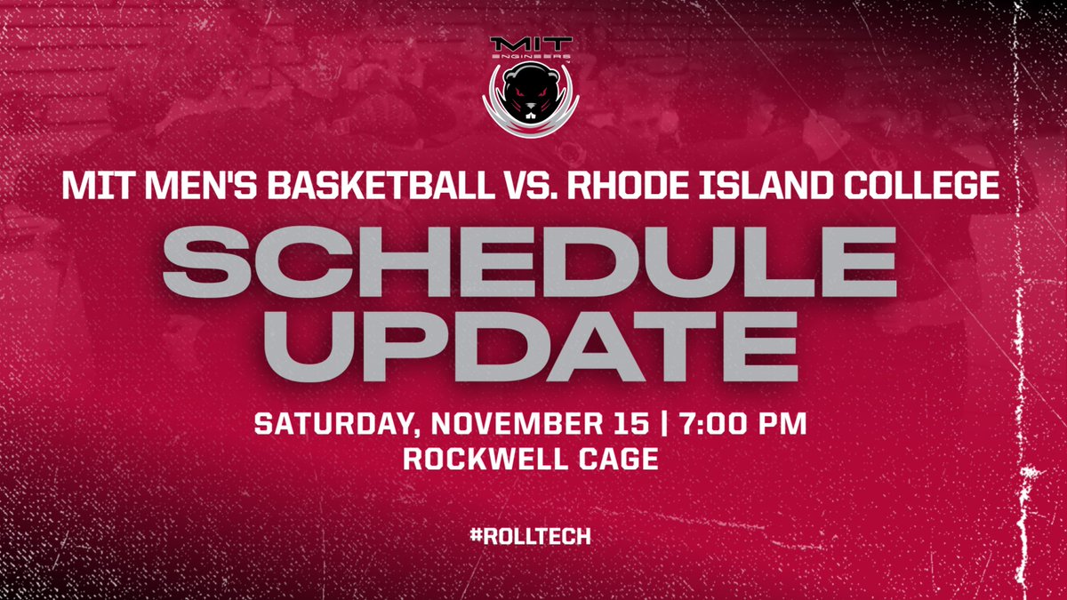 MITAthletics's tweet image. 🏀 Schedule Update🕖

Saturday&apos;s @MITEngineersMBB game vs. Rhode Island College will now take place at 7:00 PM.

@GoAnchormen | @CoachBJDunne | #RollTech
