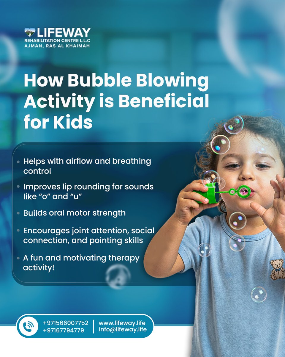 LifewayAjman's tweet image. Check out how Bubble Blowing, a simple activity, is beneficial for kids than seeing it just as a fun game

[Bubble Blowing, Motor Skills Development, Child Development, Speech Therapy]
#learnthroughplay #motorskillsdevelopment #childdevelopment #speechtherapy #lifewayrehabuae