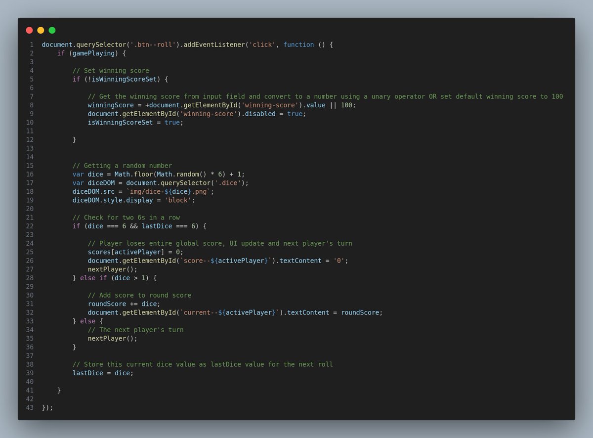 Obianuju_sunday's tweet image. Day 10 - #BackAtItWithJavaScript
Challenge Two: Done✅
A player loses his entire global when he rolls two 6s in a row.
The tiniest line/code placement can make or break your application, I learnt that about JS while working on this feature. Also made good use of a state variable.