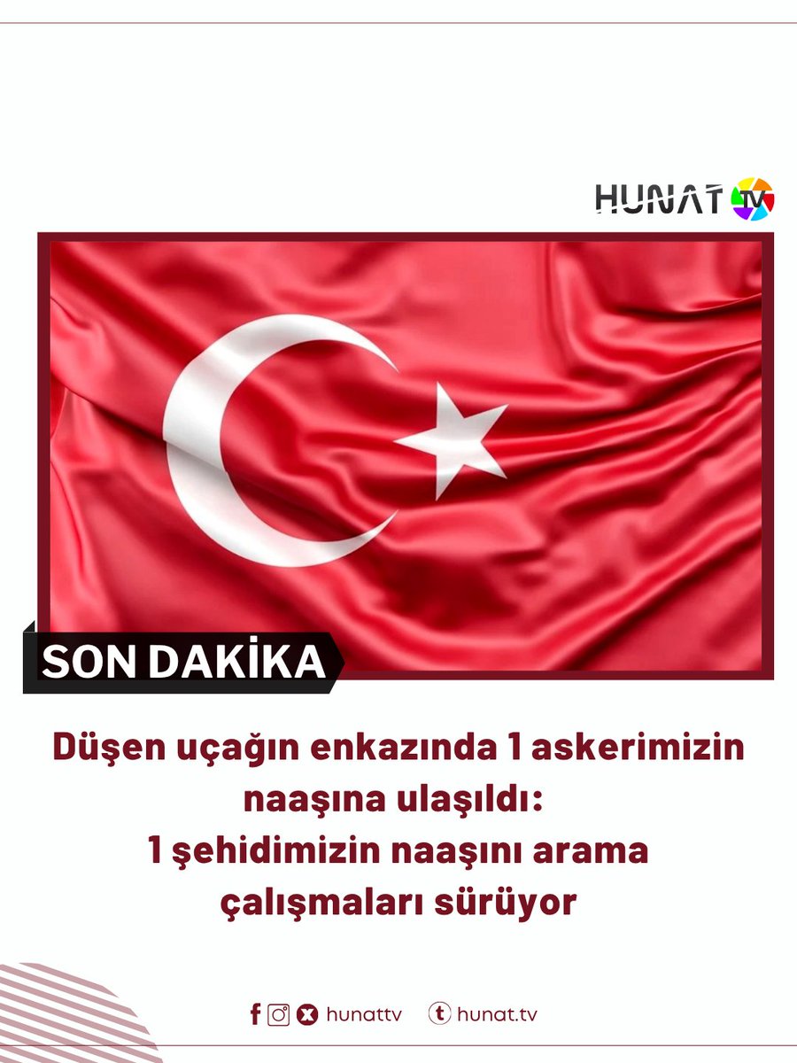Azerbaycan'dan Türkye'ye gelmek üzere havalandığı sırada düşen C-130 tipi kargo uçağının enkazında 1 askerimizin daha naaşına ulaşıldı. Ekipler 1 şehidimizin naaşını arama çalışmalarına devam ediyor.