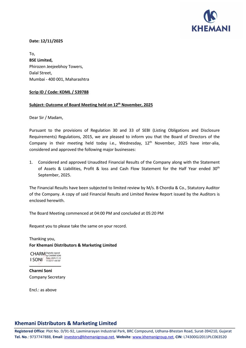 nileshkurhade's tweet photo. π Khemani Distributors & Marketing Ltd informed the exchange about its approval for the financial results for the period ended September 30, 2025. #SME #KDML ππ§Ύ https://t.co/zeUgiVvitL