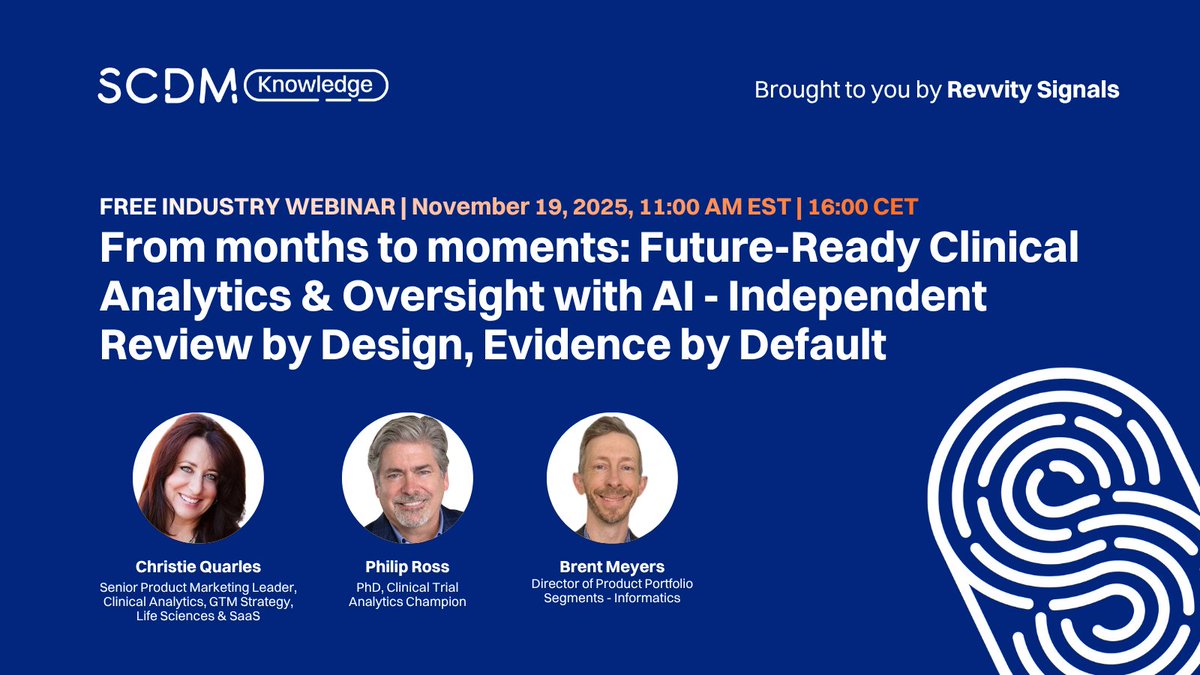 SCDM_DataDriven's tweet image. AI-Powered Oversight Starts with Smarter Workflows

As Annexes 2 and 3 approach, clinical data teams must evolve from delegation to independent oversight.

During the next #SCDM industry webinar brought to you by @RevvitySignals , Christie Quarles, Philip Ross and Brent Meyers…