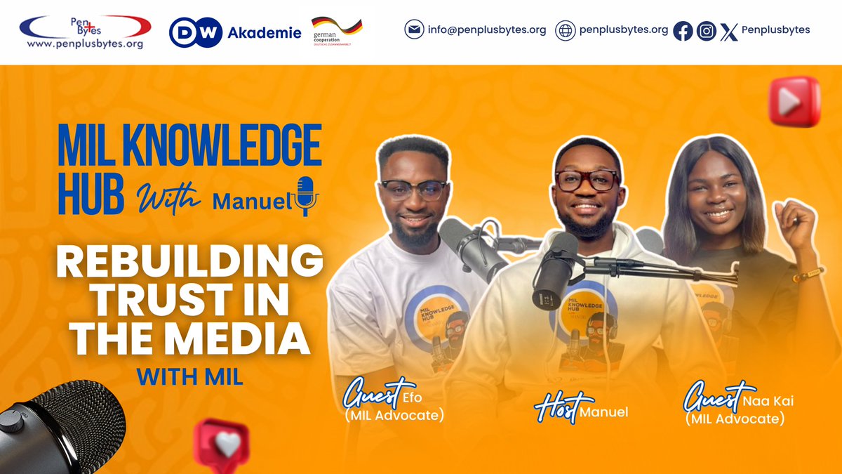 penplusbytes's tweet image. In this episode, Manuel is joined by MIL Advocates Naa Kai and Efo for a timely discussion on:
“Rebuilding Trust in the Media with MIL.”

🎥 Watch the full episode now: youtu.be/Qu2aaXef0lg

@dw_akademie 

#MILKnowledgeHub
#MediaLiteracy
#Penplusbytes