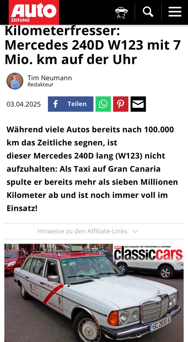 لو لم تكن مرسيدس لقلنا سيارة عجيبة 
سيارة مرسيدس تعمل كتكسي في غراندكاناريا
قطعت مسافة أكثر من 7 ملايين كم دون ان تغادر البلد اي وكأنها دارت 177مرة حول الأرض
ومازالت تحافظ على قوتها وتمشي كل يوم 700 كم ويتم تغيير زيتها مرة كل اسبوع
#صنع_في_ألمانيا 
#madeingermany