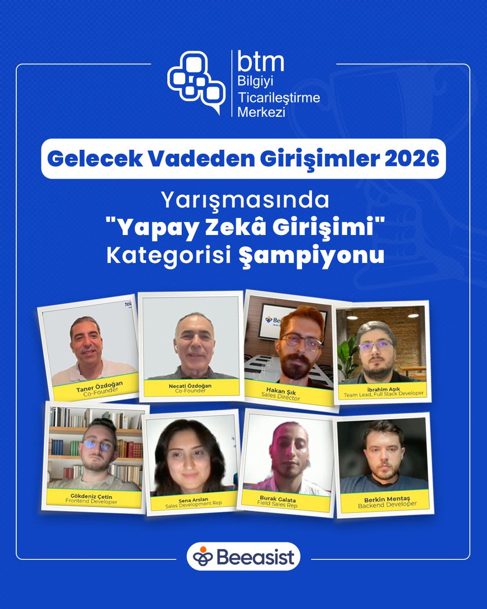 btmistanbul's tweet image. Girişimlerimizden Beeasist, Gelecek Vadeden Girişimler 2026 yarışması Yapay Zeka Girişimi kategorisinde kategori şampiyonu oldu. Beeasist&apos;i tebrik ederiz.

#btmistanbul #ideatobusiness #WeScaleStartups