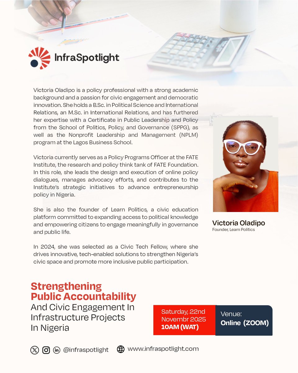 Introducing the final speaker for our workshop, Victoria Oladipo (<a href="/thekintann/">victoria|| political saviour (una)</a>)

Victoria is a policy professional, founder of Learn Politics, and Civic Tech Fellow.

She’ll be sharing practical guidance on “How to write FOI letters.”

Register here: docs.google.com/forms/u/0/d/e/…