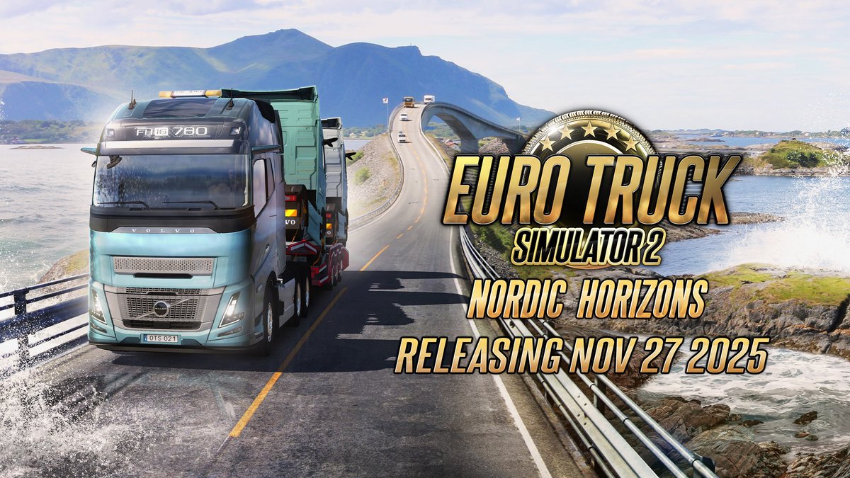 SCSsoftware's tweet image. We are excited to announce that the Nordic Horizons DLC for Euro Truck Simulator 2 will be released on November 27! 😍

Breathtaking fjords &amp;amp; mountains, vibrant cities, and charming coastal towns await you! 🏞️🏙️

Watch the official video trailer here 👇
blog.scssoft.com/2025/11/nordic…