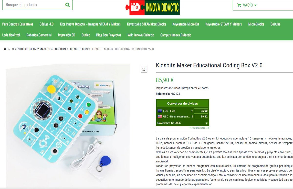 Innovadidactic's tweet image. ¿Conoces la CODINGBOX_2.0 de @KeyestudioRobot?

1. 📚Mira detalles y manual del producto en @ardutaller 
ardutaller.com.es/kits/coding-bo…
2. 🧩Explora los bloques disponibles en @microblocksfun 
3. 🛒Si te gusta, mira la oferta de @Innovadidactic : 71€ + IVA