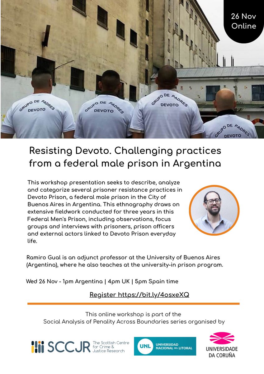 New Event! 
'Resisting Devoto: Challenging practices from a federal male prison in Argentina' with Ramiro Gual, University of Buenos Aires.

Wed 26 Nov, 4pm UK time - all welcome🙂

eventbrite.co.uk/e/resisting-de…