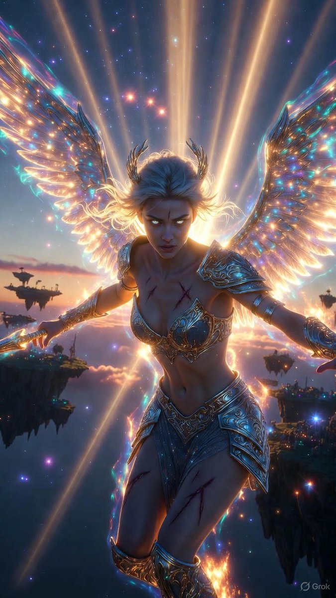 CLAngelillo's tweet image. From the fractured firmament, she descends—valkyrie of veiled tempests, her wings woven from comet trails and wrath. Spear aglow with stolen dawn, she carves fate from the chaos. Bow before the storm, or become its thunder?#EtherealWarrior #FantasyRealm #CelestialRage
