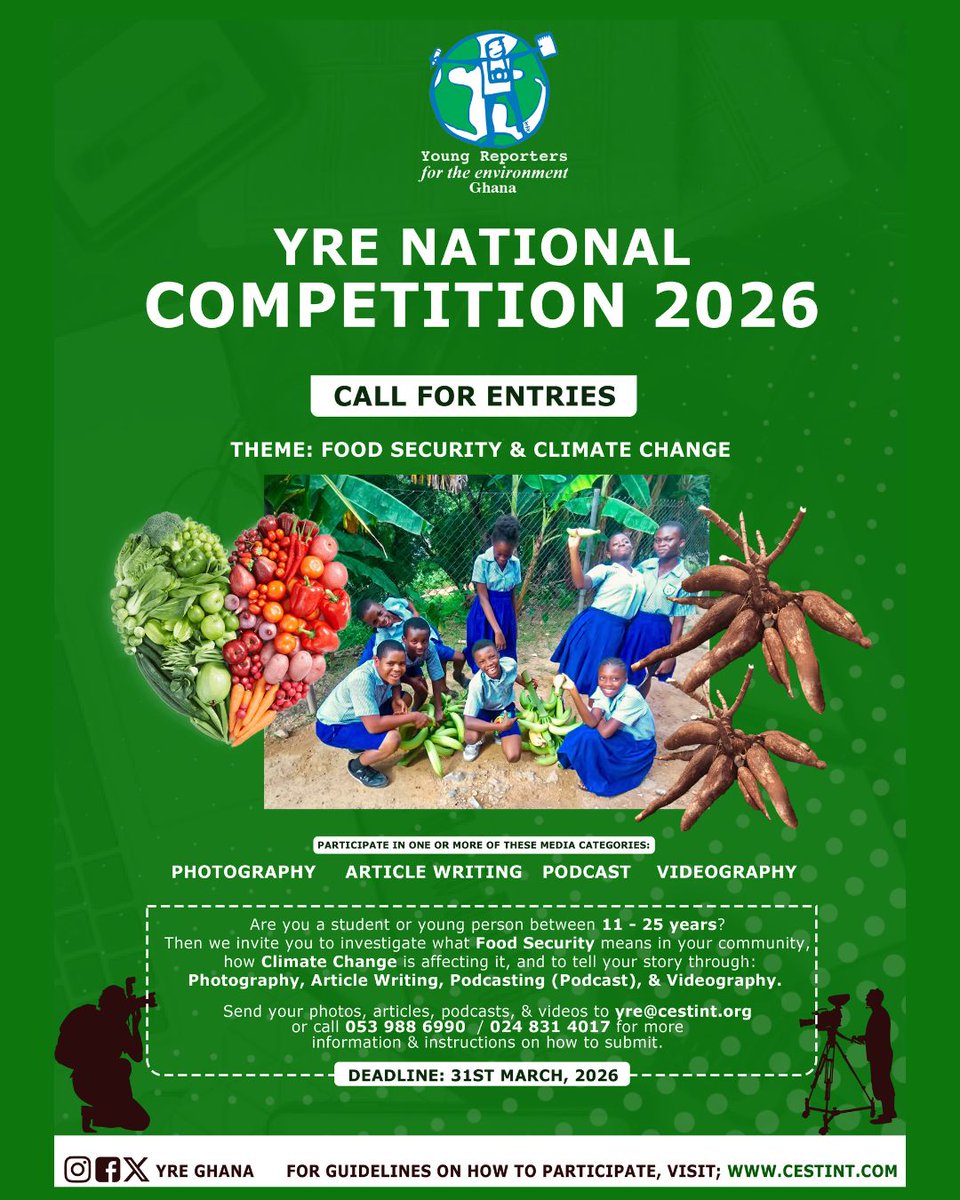 Are you a student or young person aged 11 - 25? 

Then <a href="/YREGhana/">Young Reporters for the Environment - Ghana</a> invites you to investigate what #FoodSecurity means in your community, how
#climatechange is affecting it, &amp; to tell your story through writing, photography, videography &amp; Podcasting (Podcasts).

Don't wait!