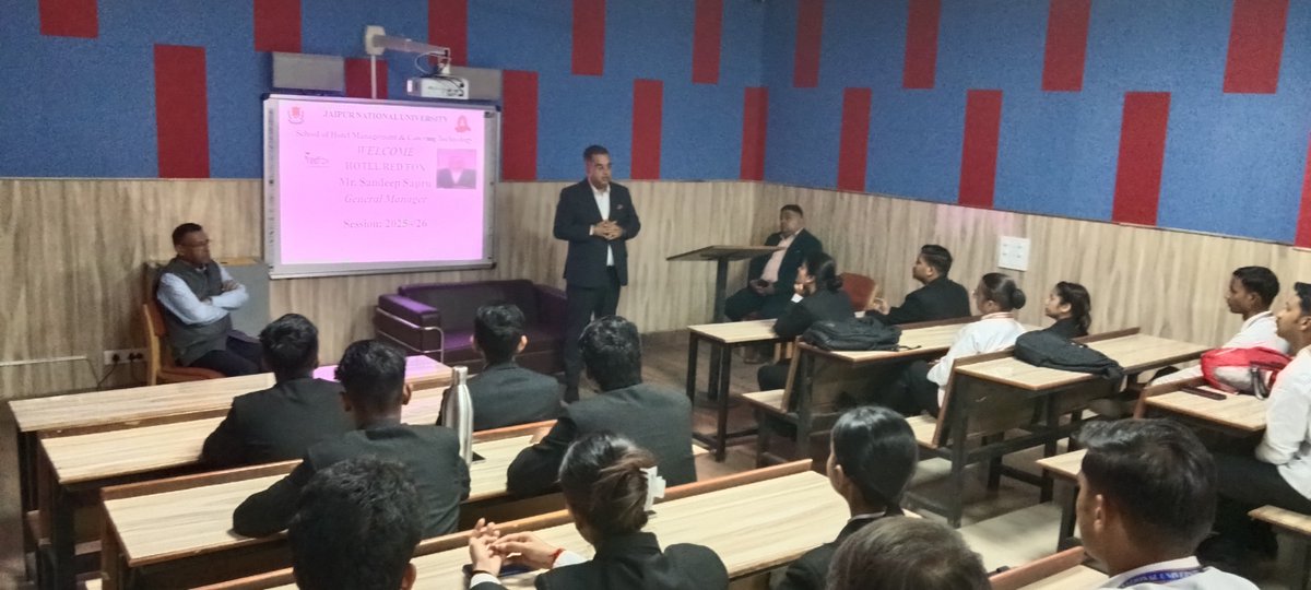 JAIPURJNU's tweet photo. On 11th November 2025, the School of Hotel Management & Catering Technology (SHMCT), JNU, organized an insightful Guest Lecture on “Career in Hospitality – Growth & Prospects from an Industry Expert’s Perspective.”
#JNU #SHMCT #HospitalityEducation #GuestLecture https://t.co/0CNMWZkbay