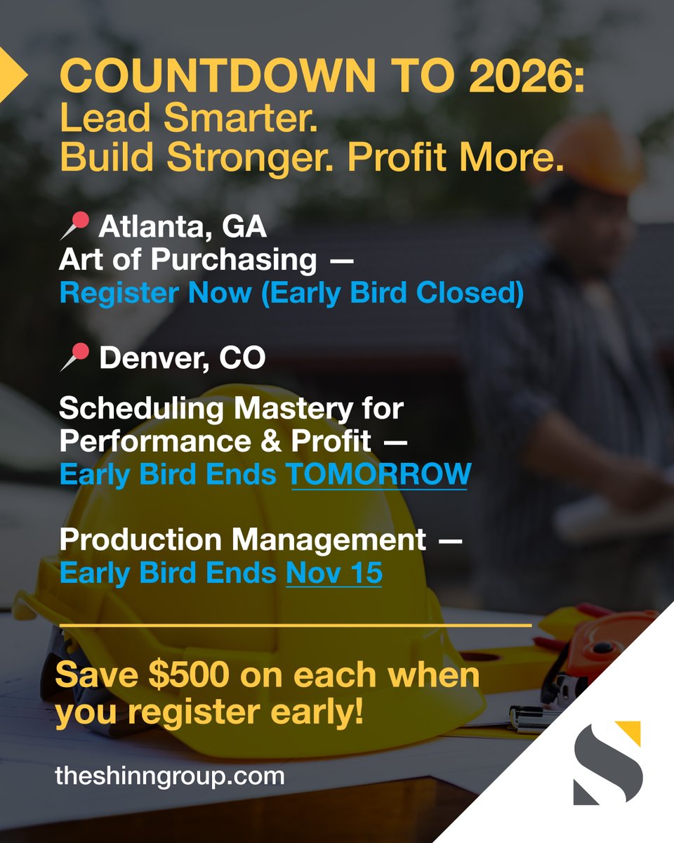 The countdown is on.

Start 2026 strong with Shinn Group’s January builder training:
📍 Atlanta — Art of Purchasing
📍 Denver — Scheduling Mastery (EB Nov 13)
📍 Denver — Production Management (EB Nov 15)

Build smarter. Lead stronger.
🔗 hubs.li/Q03SzkCD0

#HomeBuilding