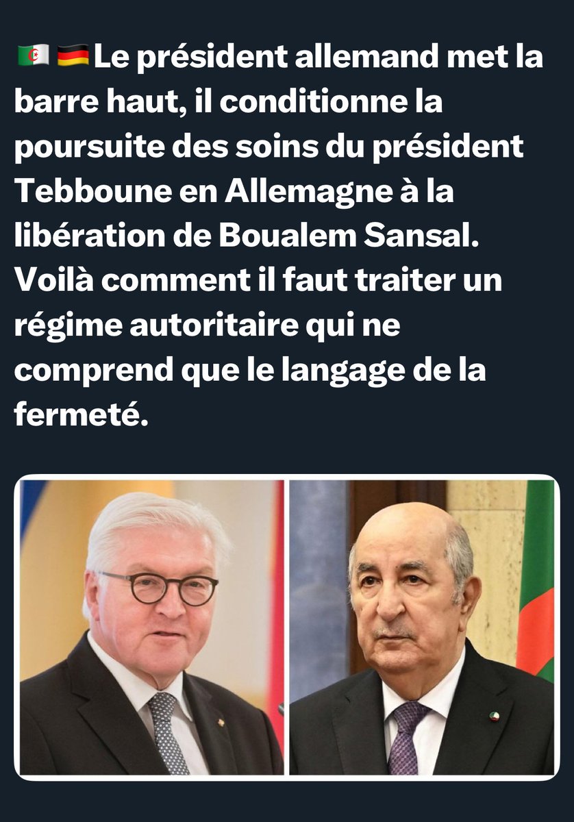 Macron toujours aussi lâche avec l’Algérie .. 
Mais, le président allemand menace le président algérien de faire stopper ses traitements en Allemagne, si Boualem Sansal n’est pas libéré !! Quelle honte pour Macron si Boualem Sansal était libéré grâce aux allemands !!!