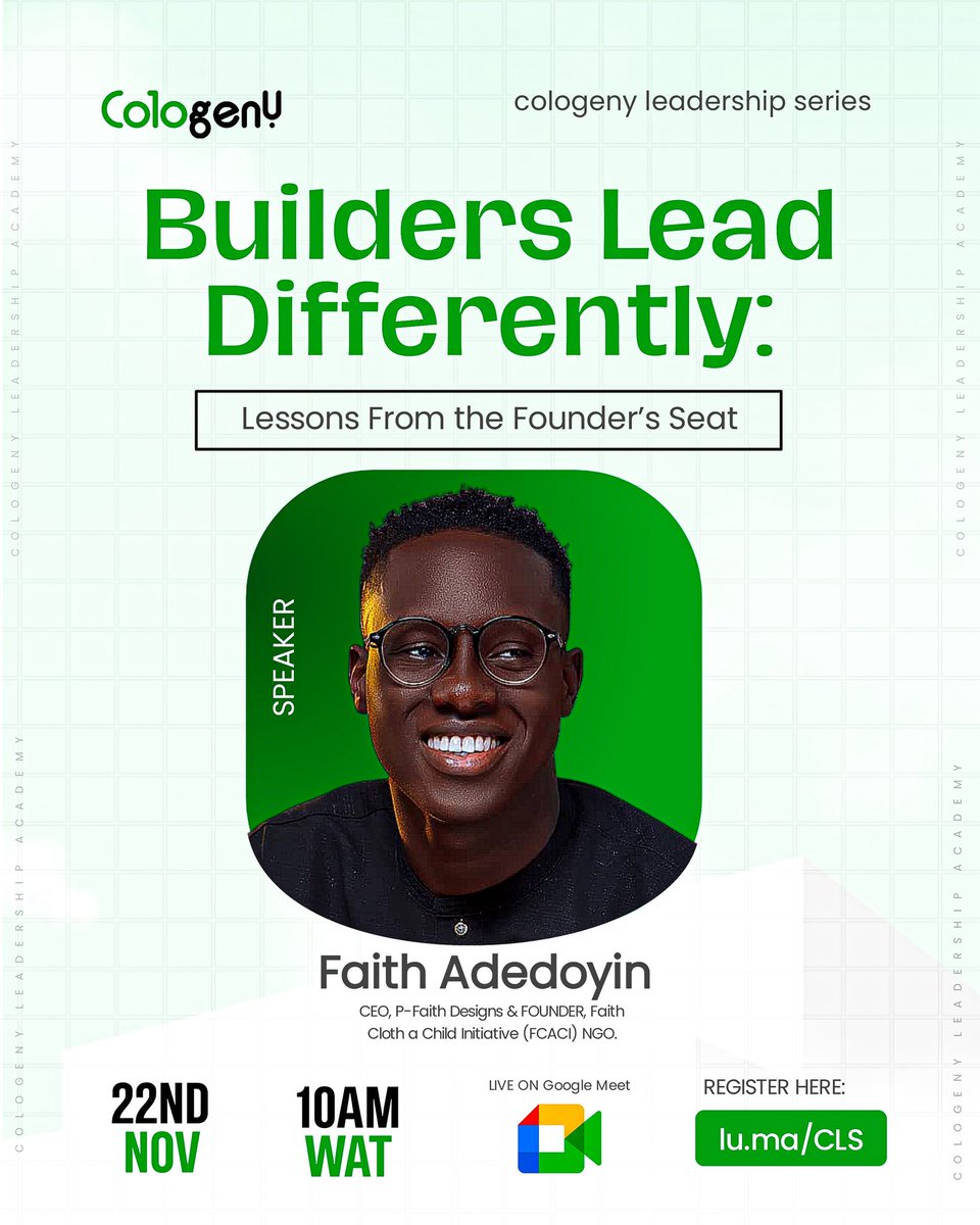 At this month’s Cologeny Leadership Series, Adedoyin Faith Akinwale will share what it means to lead with conviction, serve through creativity, and build something that outlives trends.
⁠
🔗 lu.ma/CLS
⁠
#Cologeny #LeadershipSeries #CologenyLeadershipSeries
