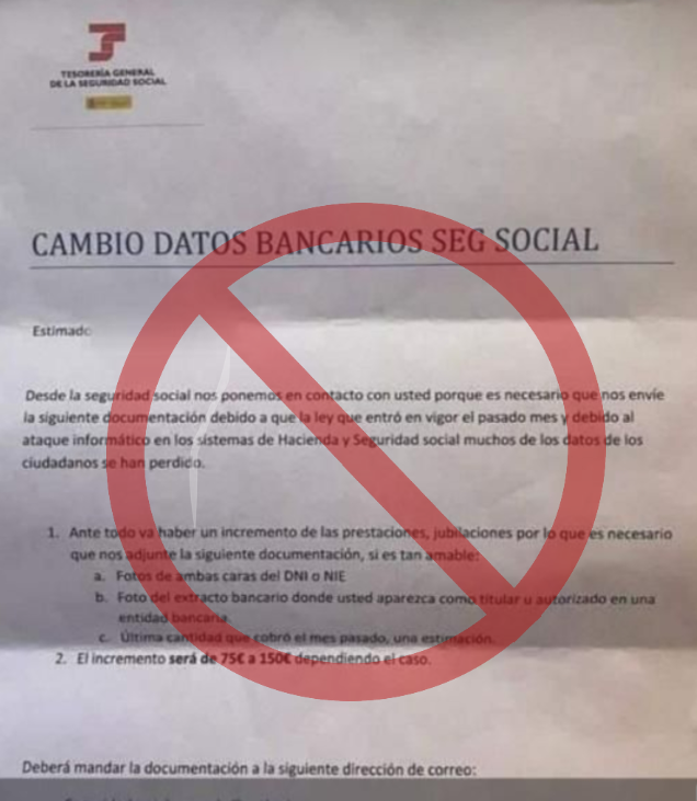 ‼️ ⛔Si reps al teu domicili alguna carta en nom de la Seguretat Social sol·licitant enviament de documentació a través d'una adreça de correu sospitosa, NO remetis les teves dades bancàries a aquesta adreça de correu electrònic.

És un frau, no piquis...❗❗⛔

#CUS_Usuaris