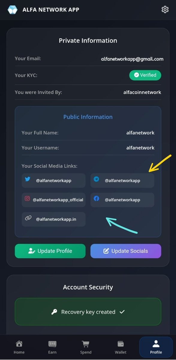 🔥 Now you can add your Social Media links in your profile. 
Other users can visit your social media profiles from ALFA NETWORK App 👍

🚀 More Amazing Features, USDT Earnings, Tournament and More Coming soon 
play.google.com/store/apps/det…
#AlfaNetwork #AlfaNetworkAop