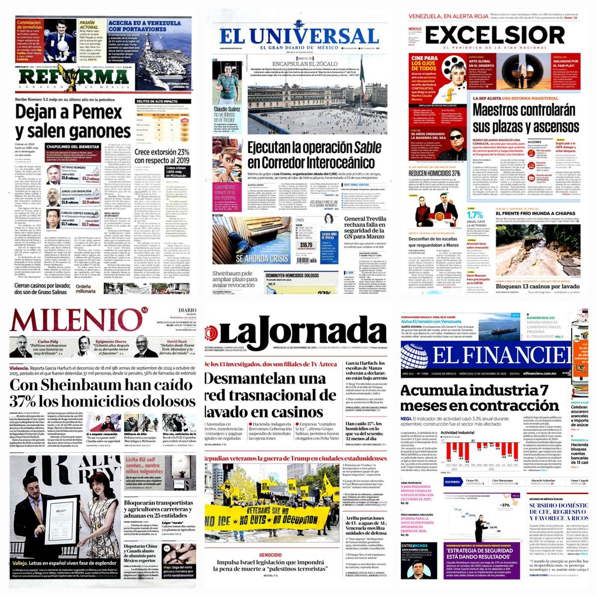 daniellemx_'s tweet image. Prensa en México ... #Reforma #ElUniversal #Excélsior #Milenio  #LaJornada #ElFinanciero #12noviembre2025